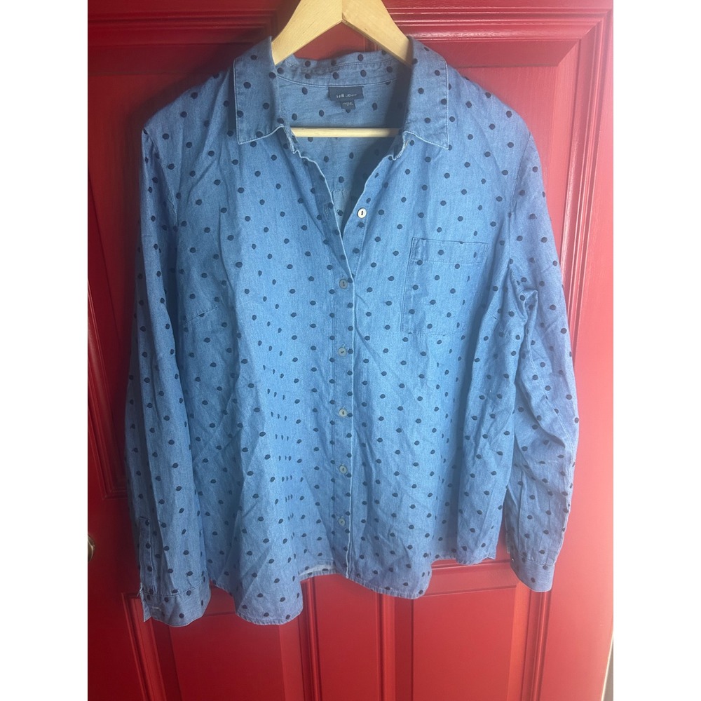 J.Jill Denim‎ Button Down Shirt Blue Polka Dot Embroidered Chambray Blouse L